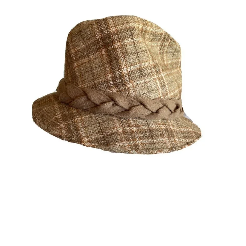 Dobbs Mens Plaid Fedora Hat Size‎ 7 1/4 Brown Textured Braided Band